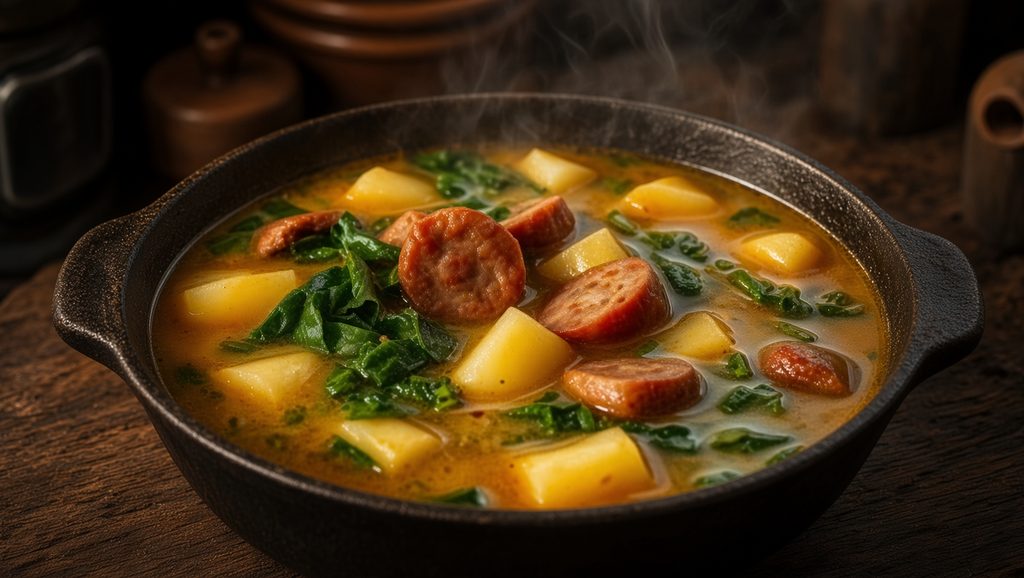 Caldo gallego humeante en pota de hierro, con grelos y patata