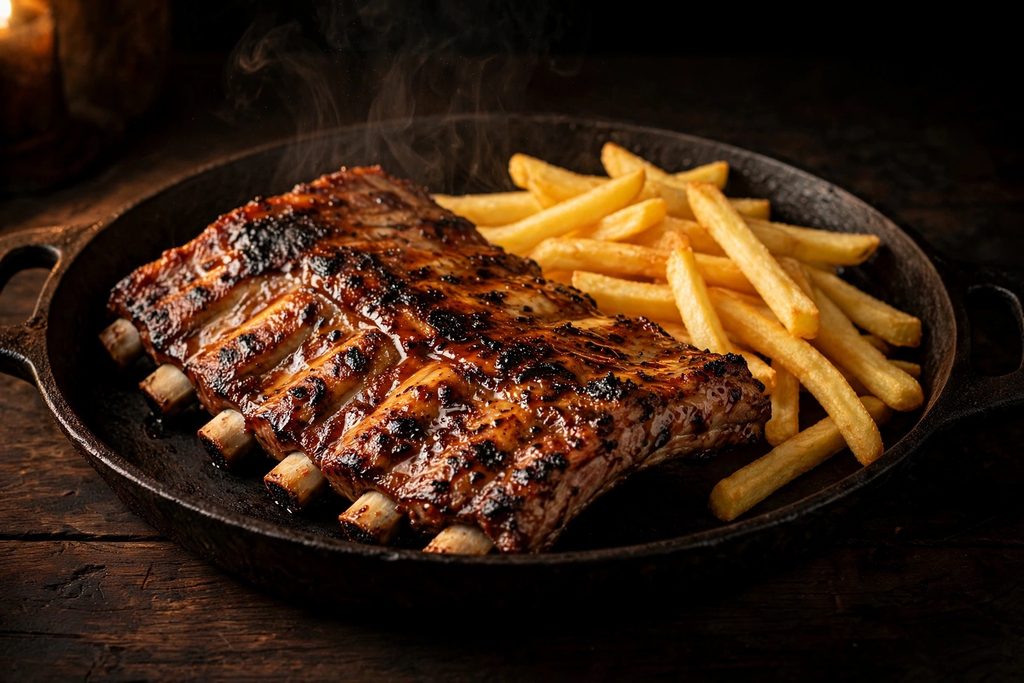 Churrasco a la brasa con sal gruesa sobre parrilla de hierro