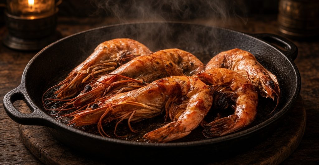 Gambones a la plancha con sal gruesa, recién salidos de la parrilla